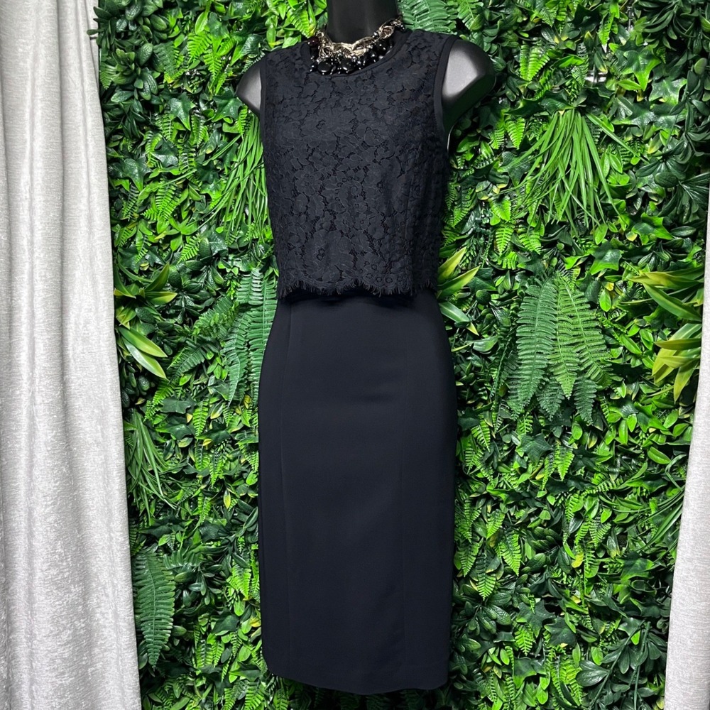 Rebecca Taylor Dress Size 2 Black Lace Overlay Sheath Sleeveless Midi 4175